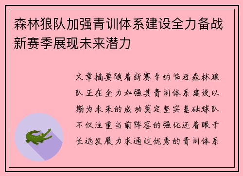 森林狼队加强青训体系建设全力备战新赛季展现未来潜力