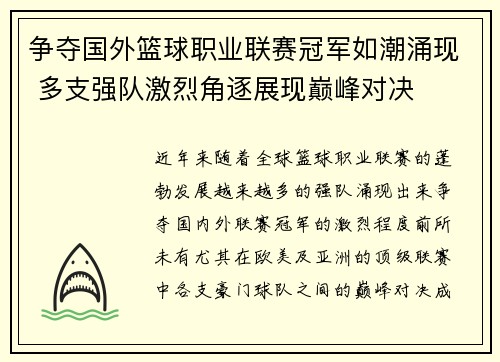 争夺国外篮球职业联赛冠军如潮涌现 多支强队激烈角逐展现巅峰对决