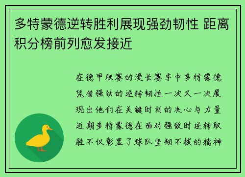 多特蒙德逆转胜利展现强劲韧性 距离积分榜前列愈发接近