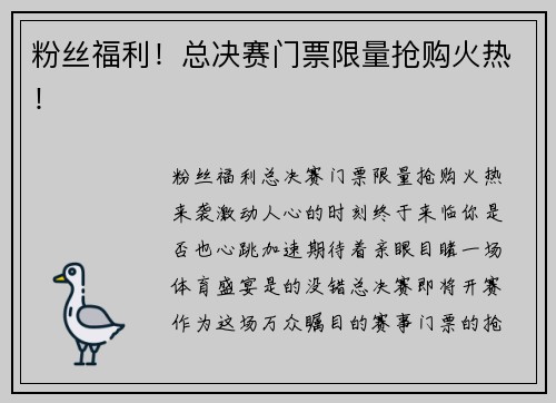 粉丝福利！总决赛门票限量抢购火热！