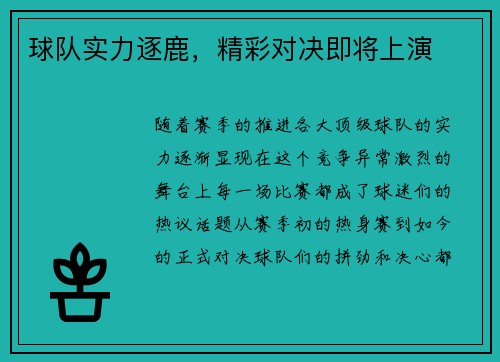 球队实力逐鹿，精彩对决即将上演