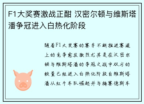 F1大奖赛激战正酣 汉密尔顿与维斯塔潘争冠进入白热化阶段
